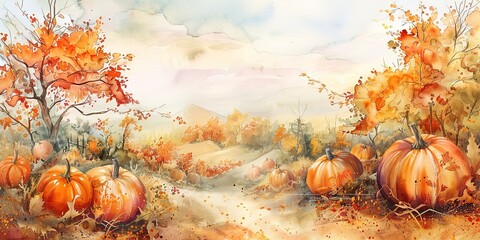 Banner, pumpkin patch, watercolor, harvest hues, soft sunlight, afternoon, panoramic layout. 