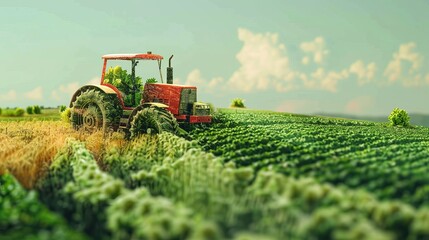 A double exposure of green farmland crops and a red tractor is shown in a 3D illustration, creatively blending farm landscapes with agricultural machinery