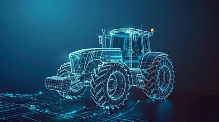 A farm tractor concept in 3D vector illustration is presented in a wireframe style, separating visible and invisible lines to highlight technology in agriculture - obrazy, fototapety, plakaty
