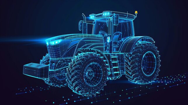 Fototapeta A farm tractor concept in 3D vector illustration is presented in a wireframe style, separating visible and invisible lines to highlight technology in agriculture