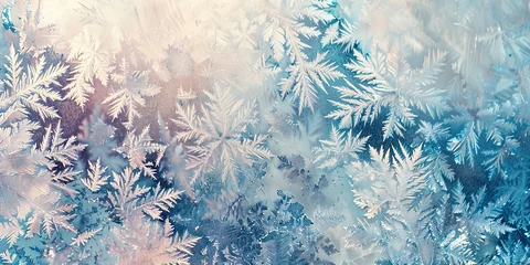 Fotobehang Banner, ice crystals, watercolor, macro frost patterns, sunlight sparkle, clear day, wide detail.  © Thanthara