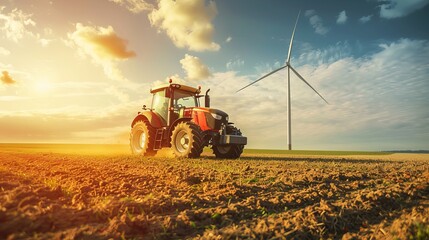 A farmer is depicted driving a tractor below a wind turbine in a sunny rural field, illustrating sustainable farming practices - obrazy, fototapety, plakaty