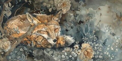 Watercolor banner, hibernating nature, muted earth tones, resting flora and fauna, wide sleep.  - obrazy, fototapety, plakaty