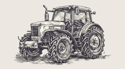 A hand-drawn sketch of a tractor is presented in an engraving illustration style, adding a classic and artistic touch