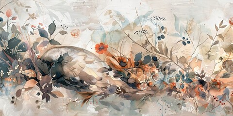 Watercolor banner, hibernating nature, muted earth tones, resting flora and fauna, wide sleep.  - obrazy, fototapety, plakaty