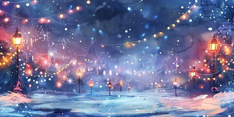 Watercolor banner, twinkling Christmas lights, soft glow on snow, twilight, wide holiday magic. 