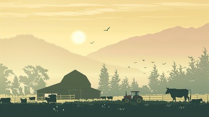 A silhouette of an agricultural landscape includes a tractor, barn, and farm animals like cows, horses, and sheep, set against a background ideal for banners with copy space - obrazy, fototapety, plakaty