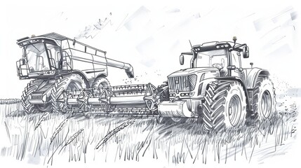 A sketch of a combine harvester working alongside a tractor illustrates the coordination between different types of agricultural machinery - obrazy, fototapety, plakaty