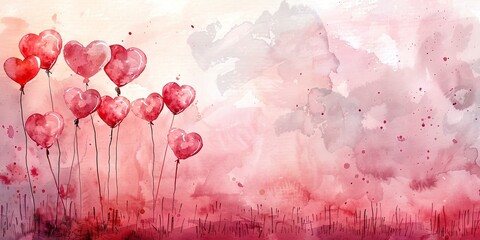 Watercolor banner, heart-shaped balloons floating, soft pinks and reds, sunrise, panoramic love. 
