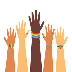 Celebrating LGBT Pride Month, People. Hands up, parade. Vector illustration 
