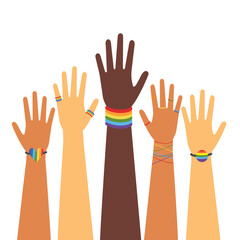 Fototapeta premium Celebrating LGBT Pride Month, People. Hands up, parade. Vector illustration 