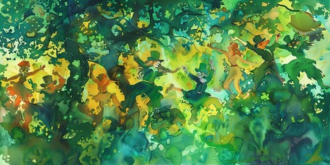 Banner, dancing leprechauns, watercolor, lively shades of green, evening jig, panoramic fun.