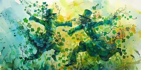 Banner, dancing leprechauns, watercolor, lively shades of green, evening jig, panoramic fun. 