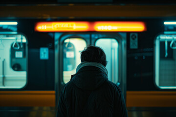 A rear view of a person standing in front of an entrance of a train, waiting to onboard