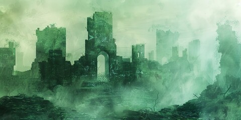 Banner, ancient castle ruins, watercolor, emerald moss, foggy dawn, panoramic mystery.