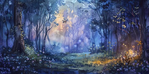 Banner, fairy ring in forest, watercolor, magical glade, twilight glow, wide enchantment. 