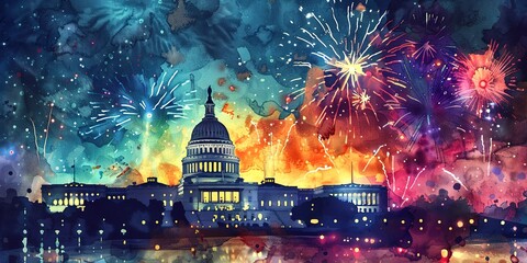 Watercolor banner, fireworks over the Capitol, radiant colors against night sky, wide celebration.  - obrazy, fototapety, plakaty