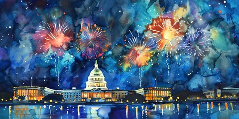 Watercolor banner, fireworks over the Capitol, radiant colors against night sky, wide celebration. 