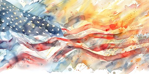 Banner, American flag waving, watercolor, soft brush strokes, golden hour glow, wide freedom. 