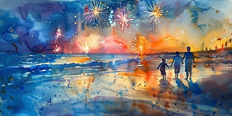 Banner, beach party, watercolor, ocean blues, sandy whites, fireworks reflection, twilight, wide joy. 