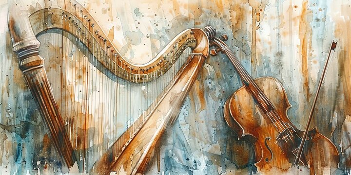 Watercolor banner, traditional Irish instruments, harp and fiddle, evening tunes, wide melody. 