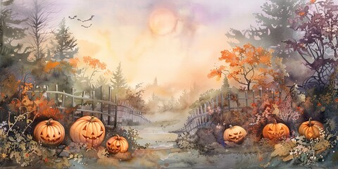 Banner, pumpkin patch at twilight, watercolor, soft oranges and purples, misty, wide Halloween charm. 
