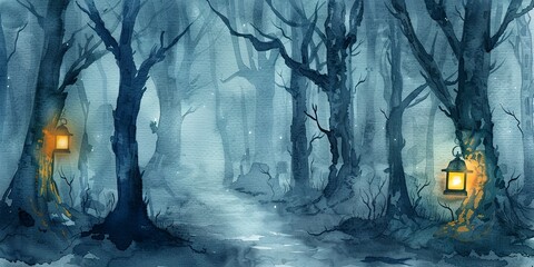 Banner, spooky forest path, watercolor, gnarled trees, foggy dusk, lantern light, wide mysterious adventure.  - obrazy, fototapety, plakaty