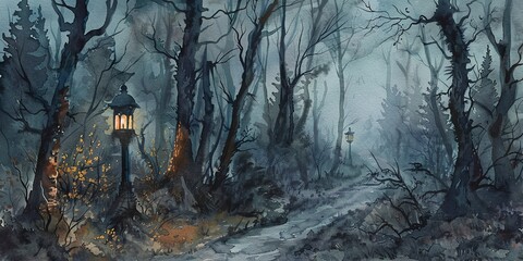 Banner, spooky forest path, watercolor, gnarled trees, foggy dusk, lantern light, wide mysterious adventure.