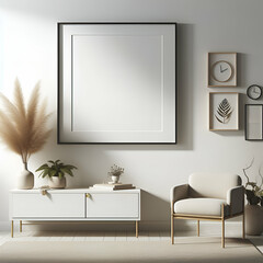 Modern Basic Contemporary Scandi Scandinavian Minimalist Interior Room, Photo White Mockup Empty Blank Rectangular Vertical Picture Frame Neutral on Beige Wall. Classic Solitary Aesthetic Living Table