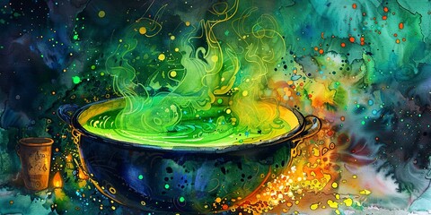 Watercolor banner, cauldron bubbling, vibrant green potion, fire glow, twilight, wide witch's brew.
