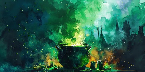 Naklejka premium Watercolor banner, cauldron bubbling, vibrant green potion, fire glow, twilight, wide witch's brew.