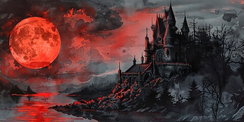 Watercolor banner, vampire's castle, stark against a blood-red moon, night, wide haunting domain.
