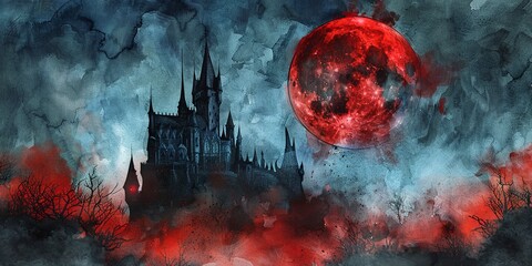 Watercolor banner, vampire's castle, stark against a blood-red moon, night, wide haunting domain. -