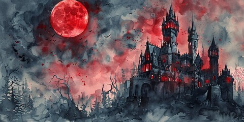 Watercolor banner, vampire's castle, stark against a blood-red moon, night, wide haunting domain. 