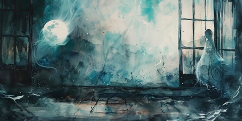 Banner, ghostly apparitions, watercolor, transparent wisps, moonlit room, wide, soft haunting. 