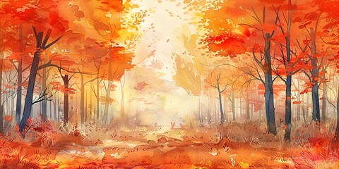 Banner, autumnal forest, watercolor, rich oranges and reds, golden hour, wide, serene gratitude.