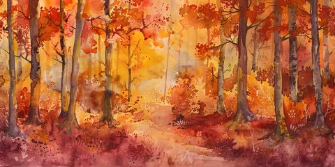 Fotobehang Banner, autumnal forest, watercolor, rich oranges and reds, golden hour, wide, serene gratitude.  © Thanthara