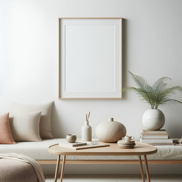 Modern Basic Contemporary Scandi Scandinavian Minimalist Interior Room, Photo White Mockup Empty Blank Rectangular Vertical Picture Frame Neutral on Beige Wall. Classic Solitary Aesthetic Living Table