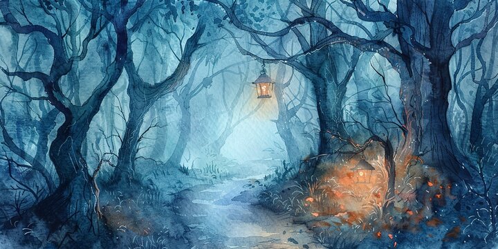 Banner, spooky forest path, watercolor, gnarled trees, foggy dusk, lantern light, wide mysterious adventure. 