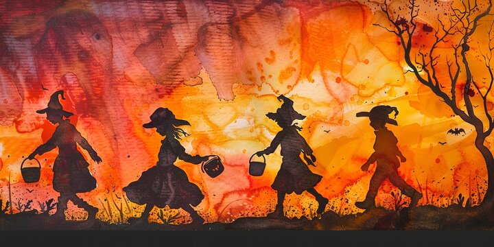 Banner, trick or treatersâ€™ silhouettes, watercolor, colorful costumes, evening glow, wide playful spirits.