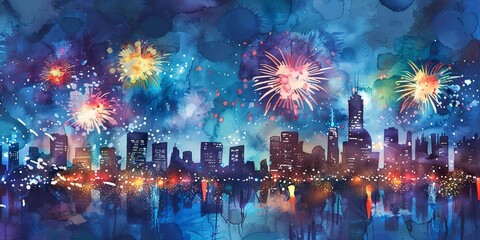 Watercolor banner, fireworks over city skyline, vibrant colors, midnight blue, wide, festive explosion. 