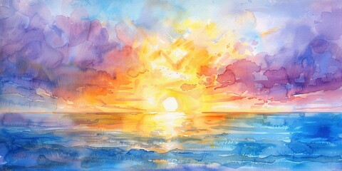 Watercolor, first sunrise of the New Year, banner, hopeful sky palette, dawn light, wide, new beginnings. 