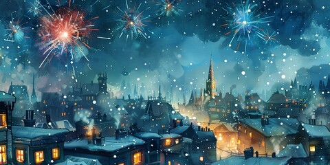 Watercolor banner, snowy rooftop view, city fireworks horizon, night, wide, magical overview. 