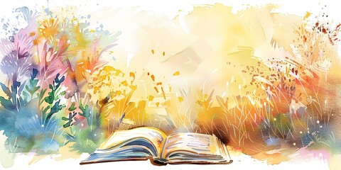 Watercolor banner, motherâ€™s favorite book, open pages, soft-focus garden background, golden hour, wide, literary homage.  - obrazy, fototapety, plakaty