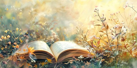 Watercolor banner, motherâ€™s favorite book, open pages, soft-focus garden background, golden hour, wide, literary homage. - obrazy, fototapety, plakaty