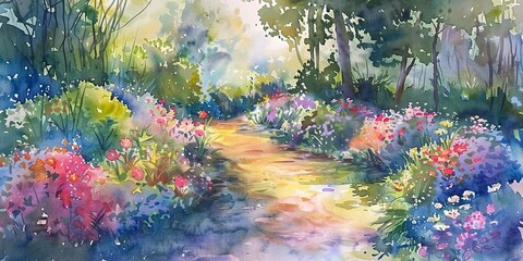 Banner, garden walk, watercolor, winding path through blooming flowers, dusk, wide, peaceful companionship. 