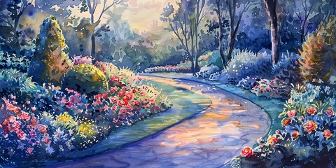Banner, garden walk, watercolor, winding path through blooming flowers, dusk, wide, peaceful companionship. 
