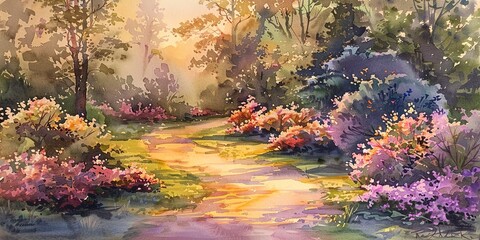 Banner, garden walk, watercolor, winding path through blooming flowers, dusk, wide, peaceful companionship.