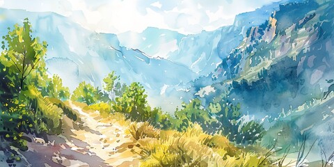 Watercolor, hiking adventure, banner, mountain trail, lush landscapes, midday, wide, shared exploration. - obrazy, fototapety, plakaty