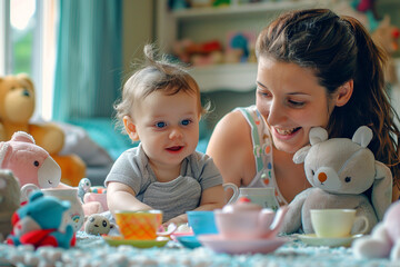 A mom and baby having a delightful tea party with stuffed animals, surrounded by colorful toy tea...